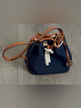 Michael Kors Navy Canvas & Tan Leather Drawstring Bucket Bag with Tassel